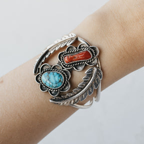 Sterling Silver Navajo Turquoise and Coral Leaf Bracelet