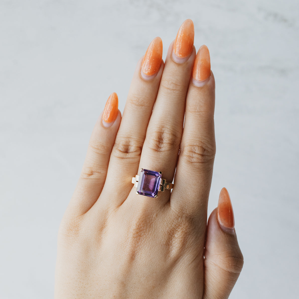 14K Yellow Gold Emerald Cut Amethyst Ring