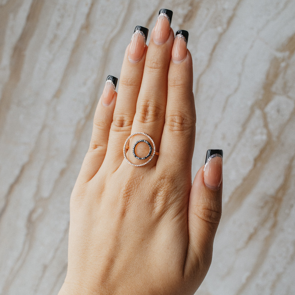 14K Rose Gold Black & White Diamond Negative Space Ring