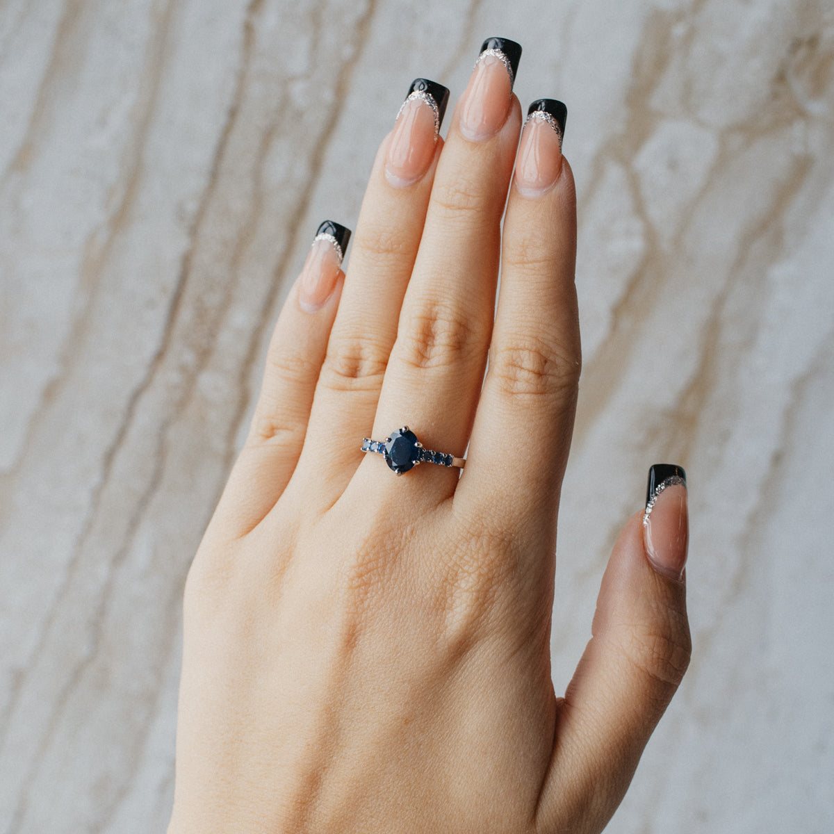 14K White Gold Oval Dark Blue Sapphire Ring