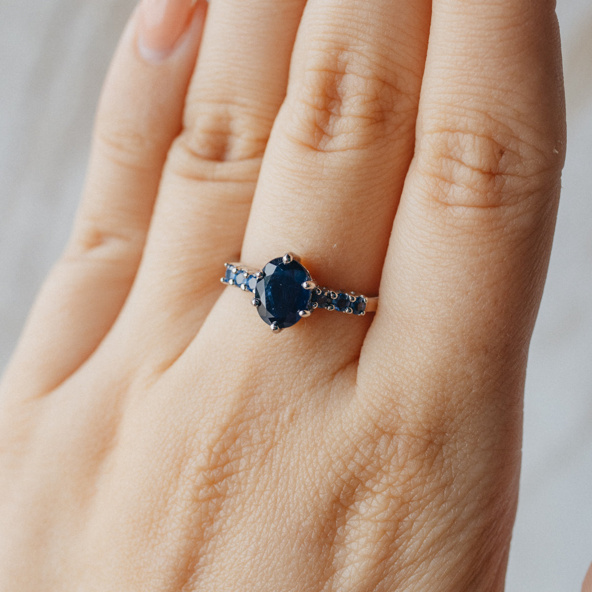 14K White Gold Oval Dark Blue Sapphire Ring