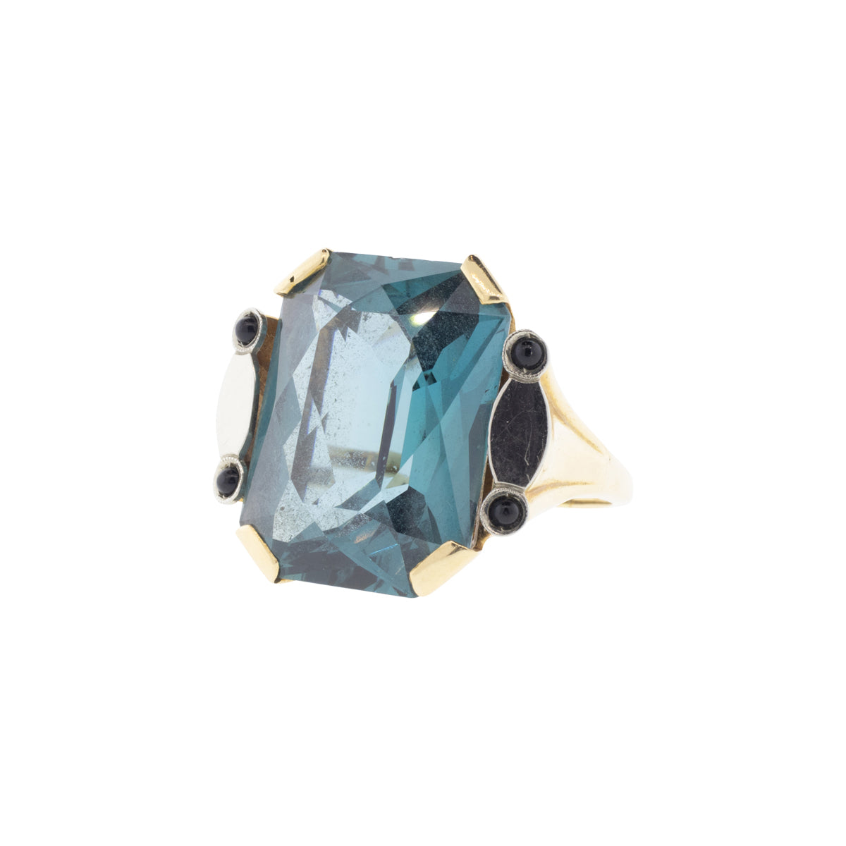 14K Yellow Gold Art Deco Synthetic Spinel & Onyx Ring
