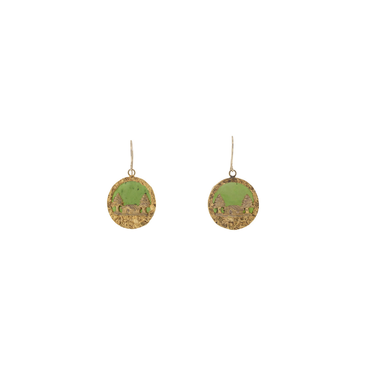 14K & 22K Yellow Gold Nephrite Jade Cabin Scene Earrings