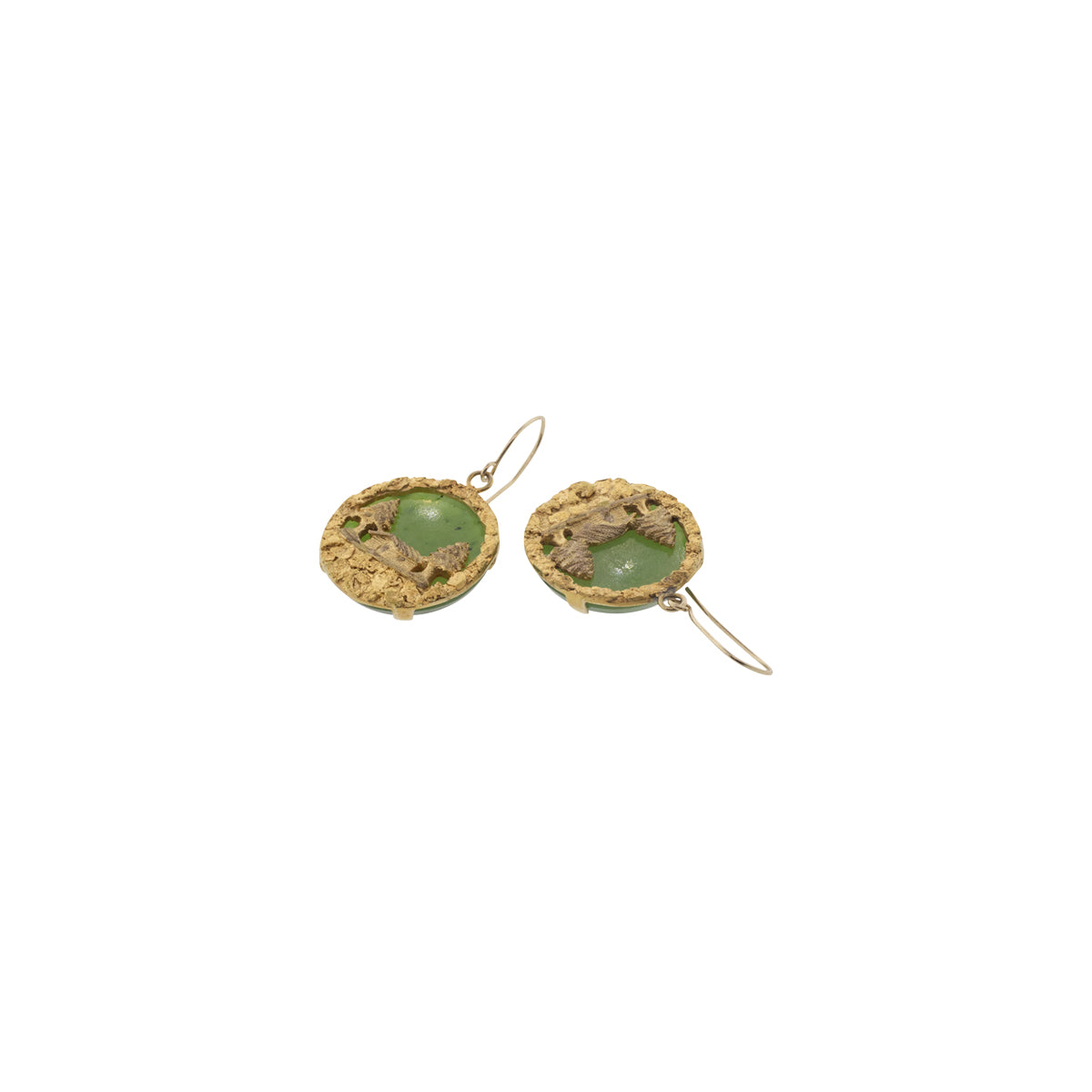 14K & 22K Yellow Gold Nephrite Jade Cabin Scene Earrings