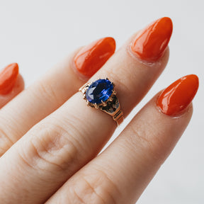 9K Yellow Gold Lab Blue Sapphire Victorian Ring