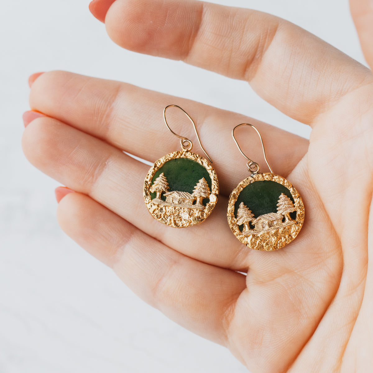 14K & 22K Yellow Gold Nephrite Jade Cabin Scene Earrings