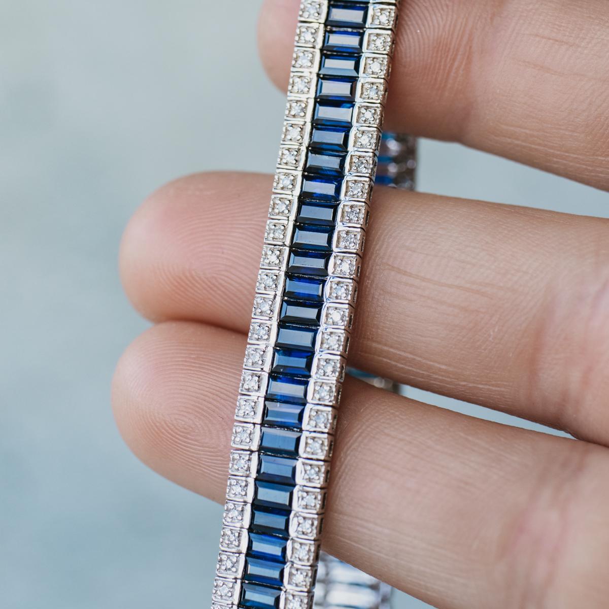 18K White Gold Baguette Blue Sapphire and Diamond Bracelet