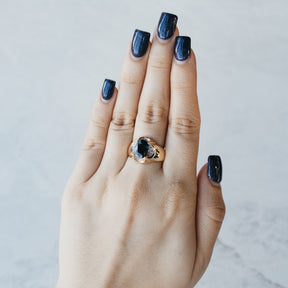 Dark Teal Sapphire and Diamond Two Tone Buttercup Ring