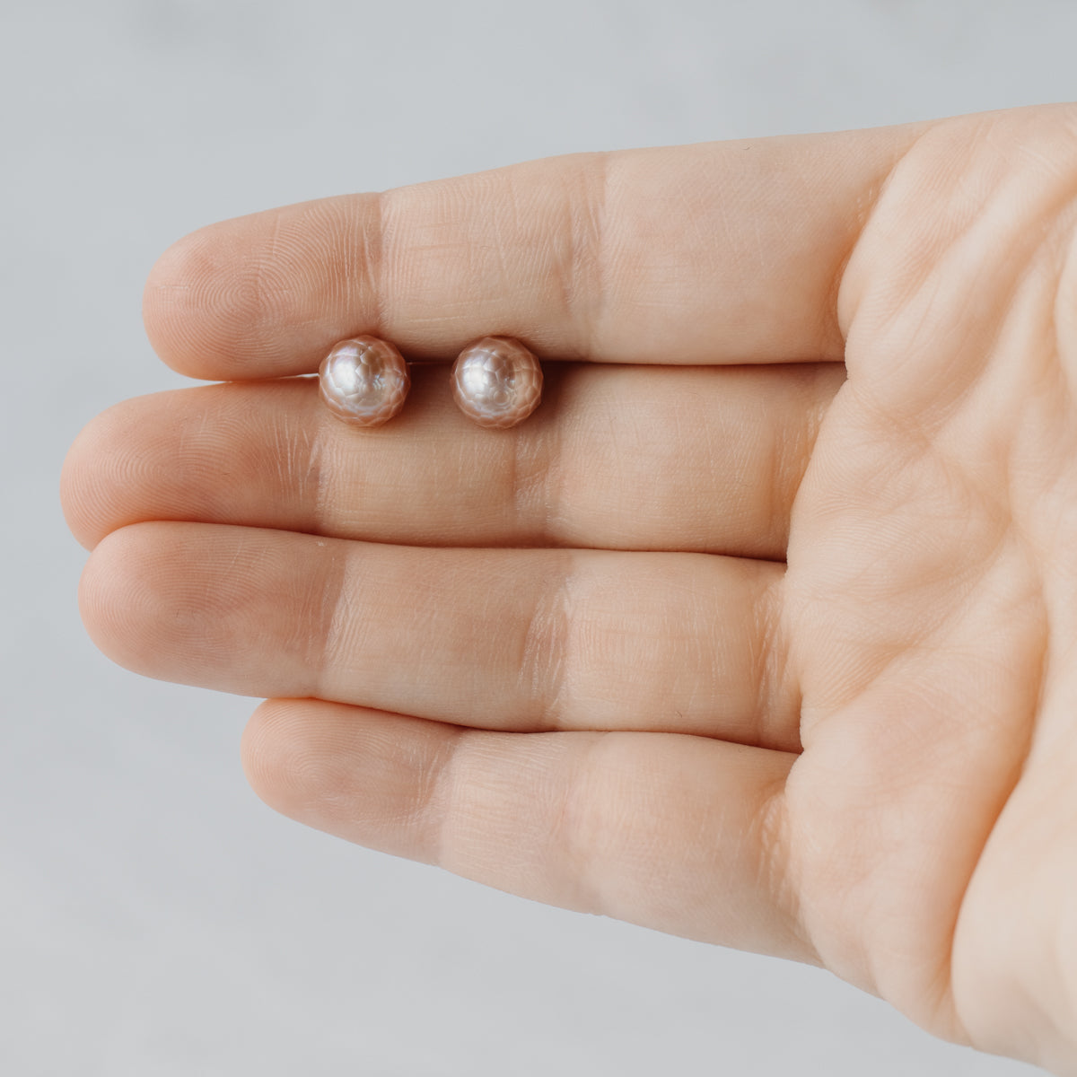 Japanese Faceted Peach Pearl Yellow Gold Studs