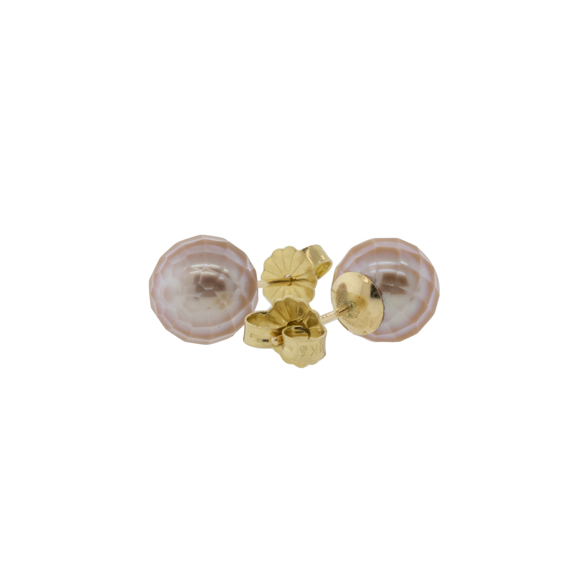 Japanese Faceted Peach Pearl Yellow Gold Studs