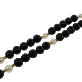 Onyx, Akoya Pearl, and Gold Bead Necklace