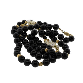 Onyx, Akoya Pearl and Gold Bead Necklace