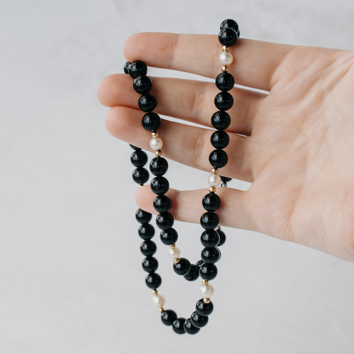 Onyx, Akoya Pearl, and Gold Bead Necklace