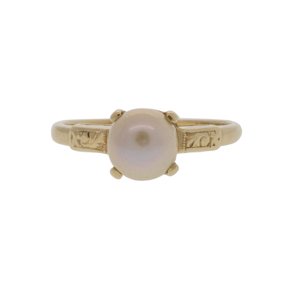 Engraved Akoya Pearl Solitaire Ring