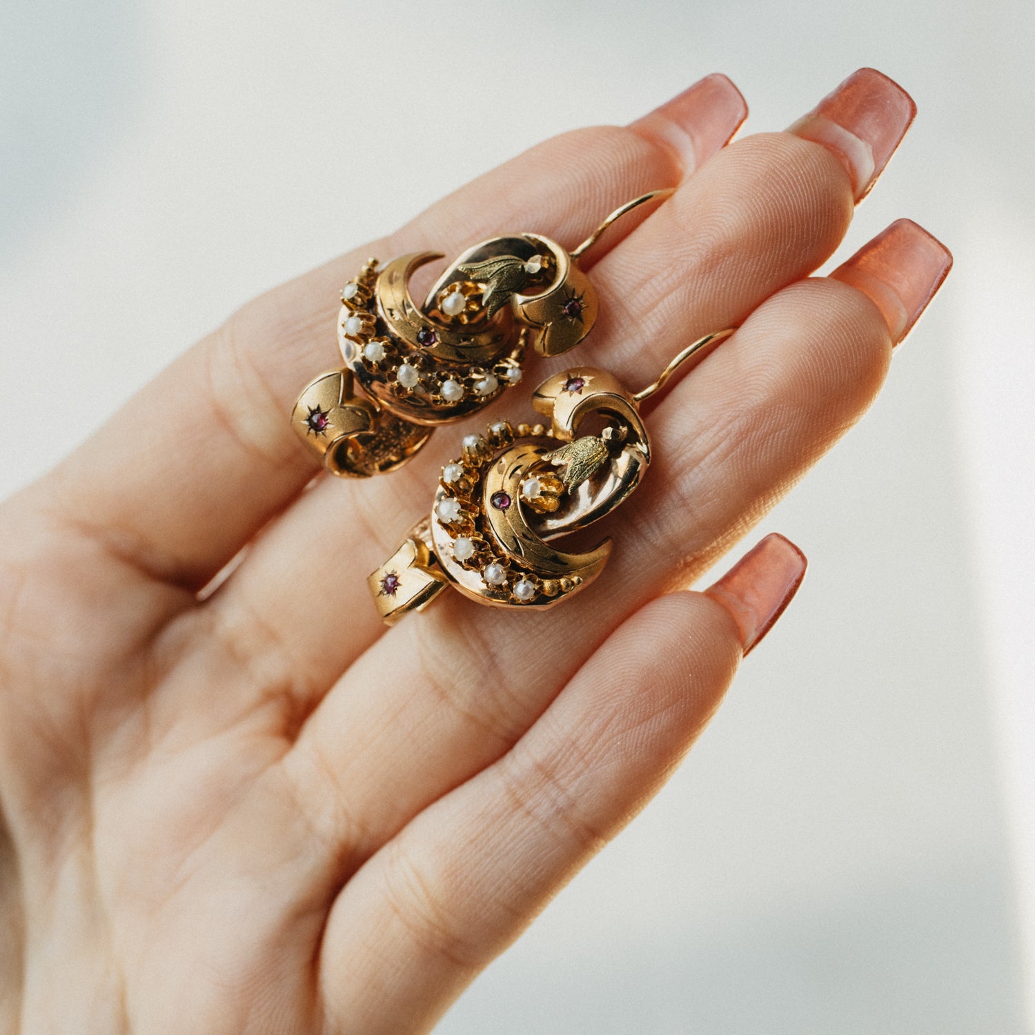 Victorian Pearl and Ruby Dangle Earrings