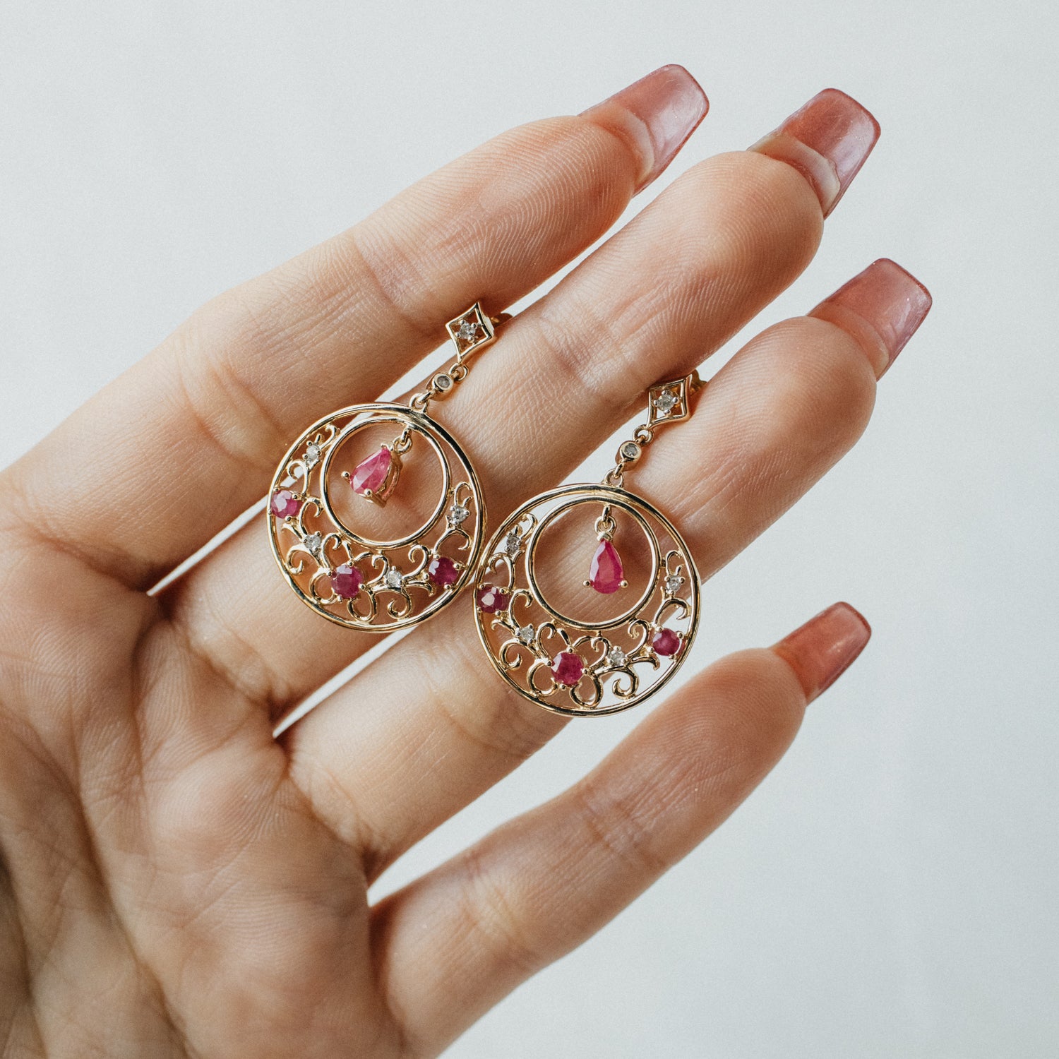 Filigreed Ruby and Diamond Disk Earrings