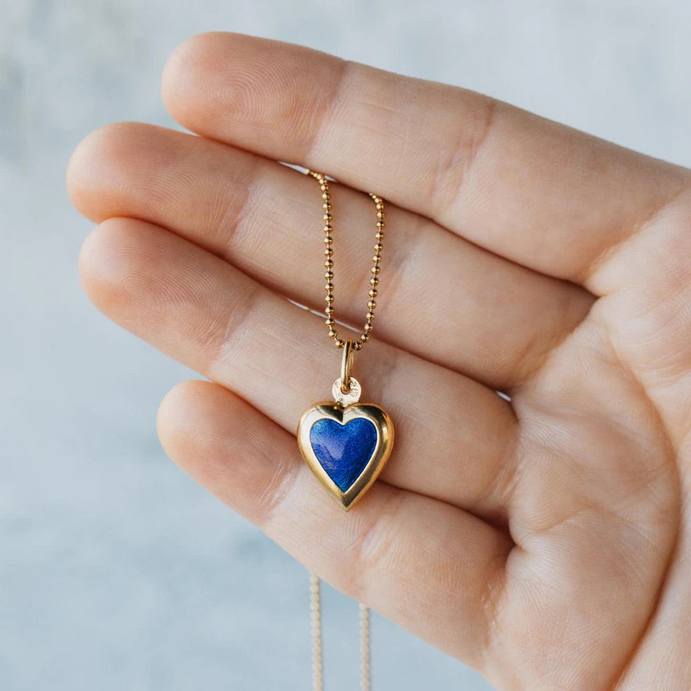 18K Yellow Gold Reversible Blue & Orange Heart Pendant With 30" Ball Chain