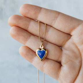 18K Yellow Gold Reversible Blue & Orange Heart Pendant With 30" Ball Chain