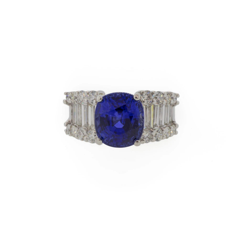 Platinum 5.85 Carat Blue Sapphire and Baguette Diamond Ring