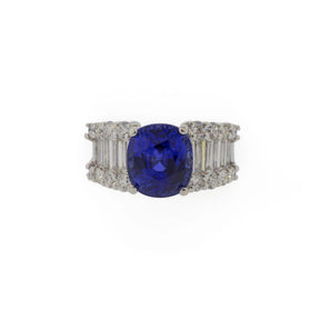 Platinum 5.85 Carat Blue Sapphire and Baguette Diamond Ring