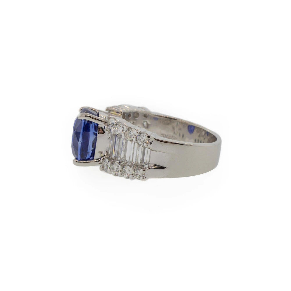 Platinum 5.85 Carat Blue Sapphire and Baguette Diamond Ring