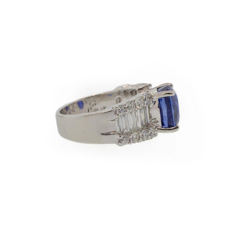 Platinum 5.85 Carat Blue Sapphire and Baguette Diamond Ring