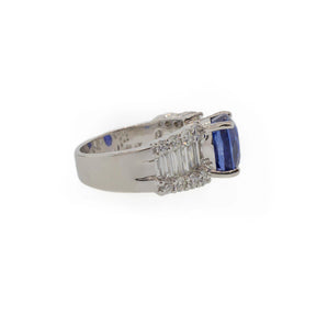 Platinum 5.85 Carat Blue Sapphire and Baguette Diamond Ring