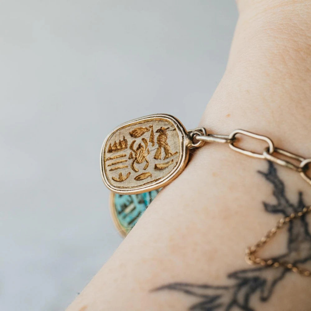12K-18K Yellow Gold Ancient Egyptian Revival Faience Scarab Clay Bead Bracelet