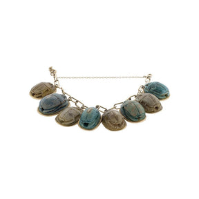 12K-18K Yellow Gold Ancient Egyptian Revival Faience Scarab Clay Bead Bracelet