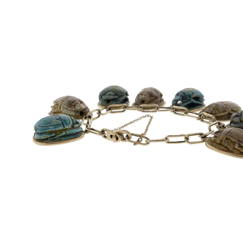 12K-18K Yellow Gold Ancient Egyptian Revival Faience Scarab Clay Bead Bracelet