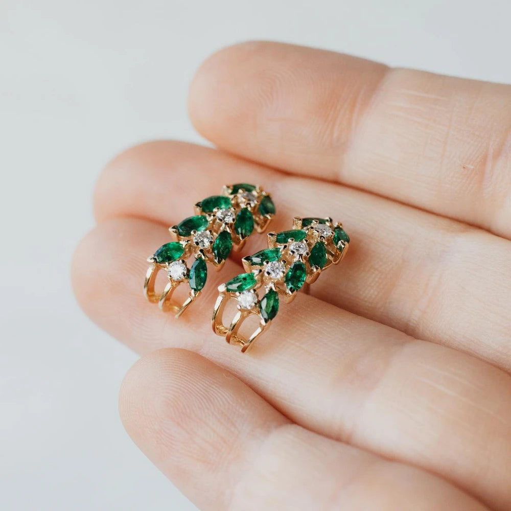 Emerald and Diamond Long Stud Earrings