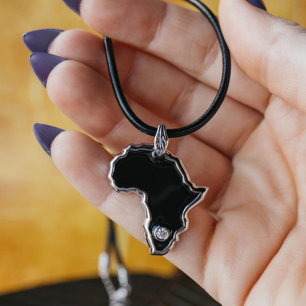 Sterling Silver Enameled African Pendant Necklace With Diamond