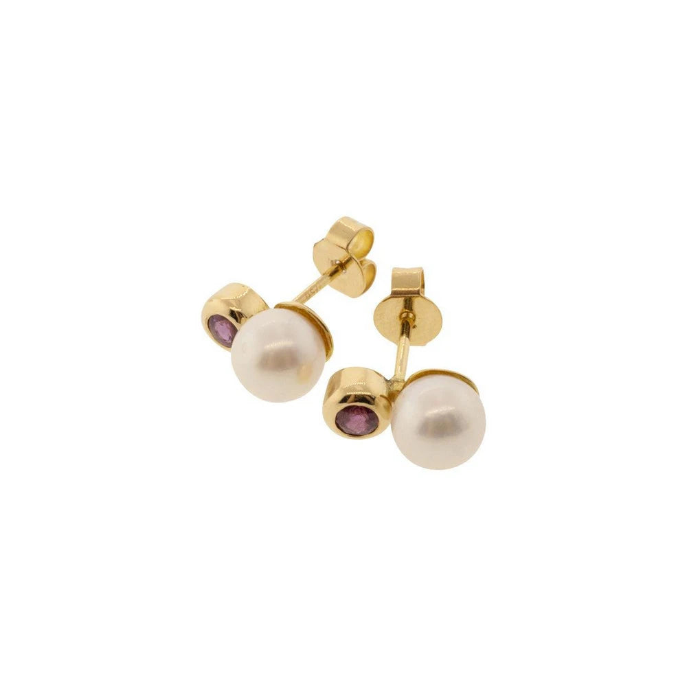 18K Yellow Gold Freshwater Cultured Pearl & Pink Tourmaline Earrings