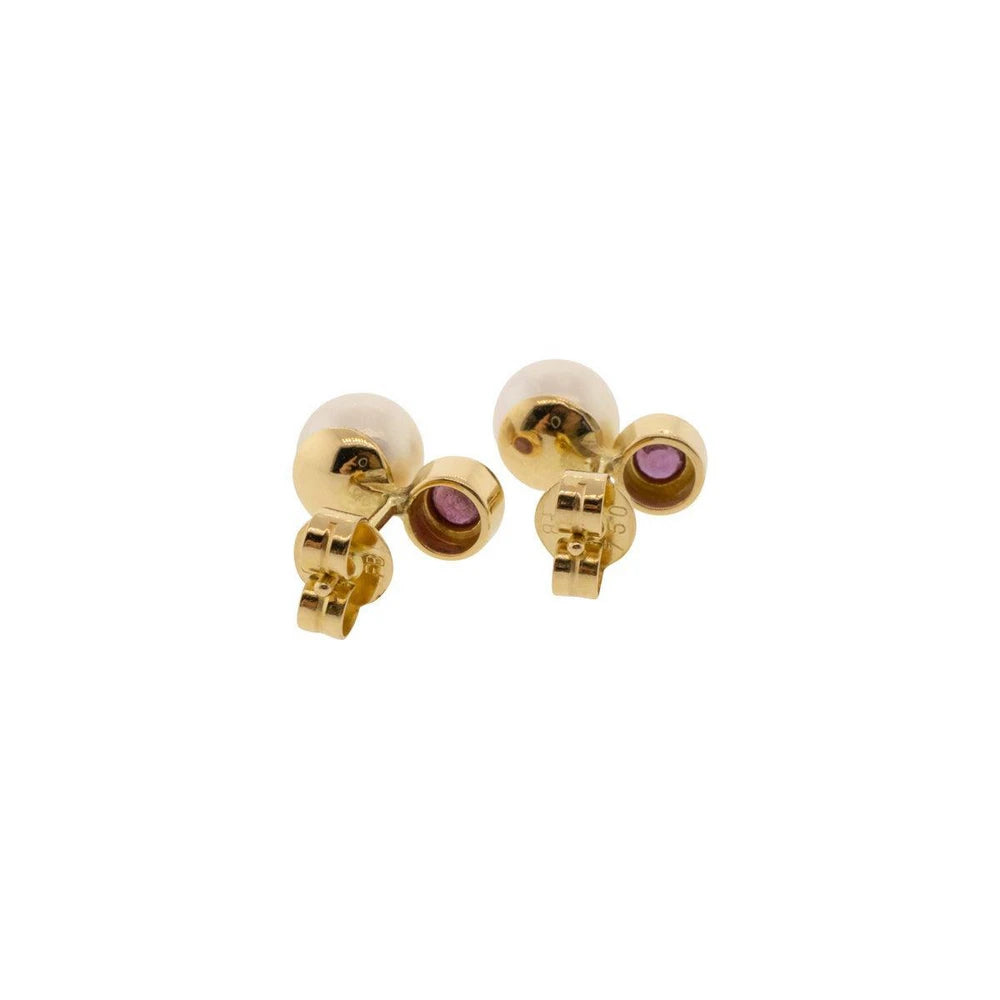 18K Yellow Gold Freshwater Cultured Pearl & Pink Tourmaline Earrings