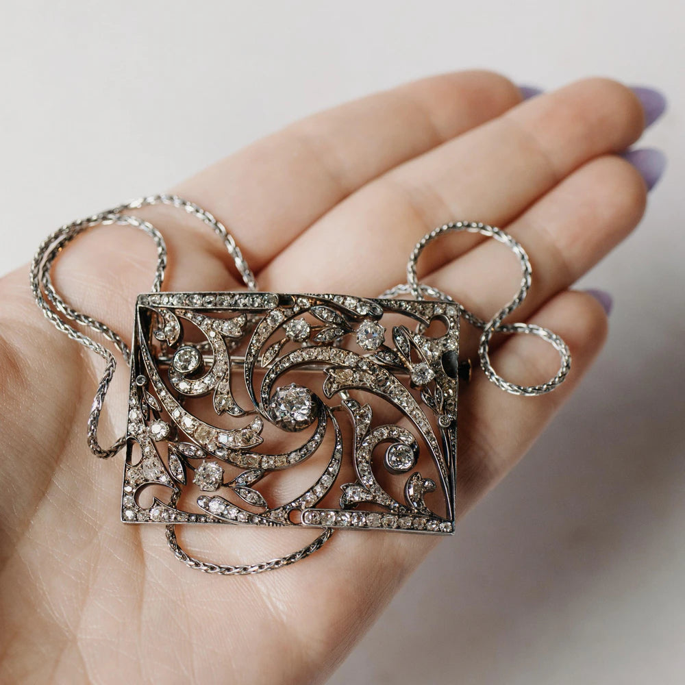 Georgian-Era Silver & 14K Yellow Gold Diamond and Pearl Brooch Necklace