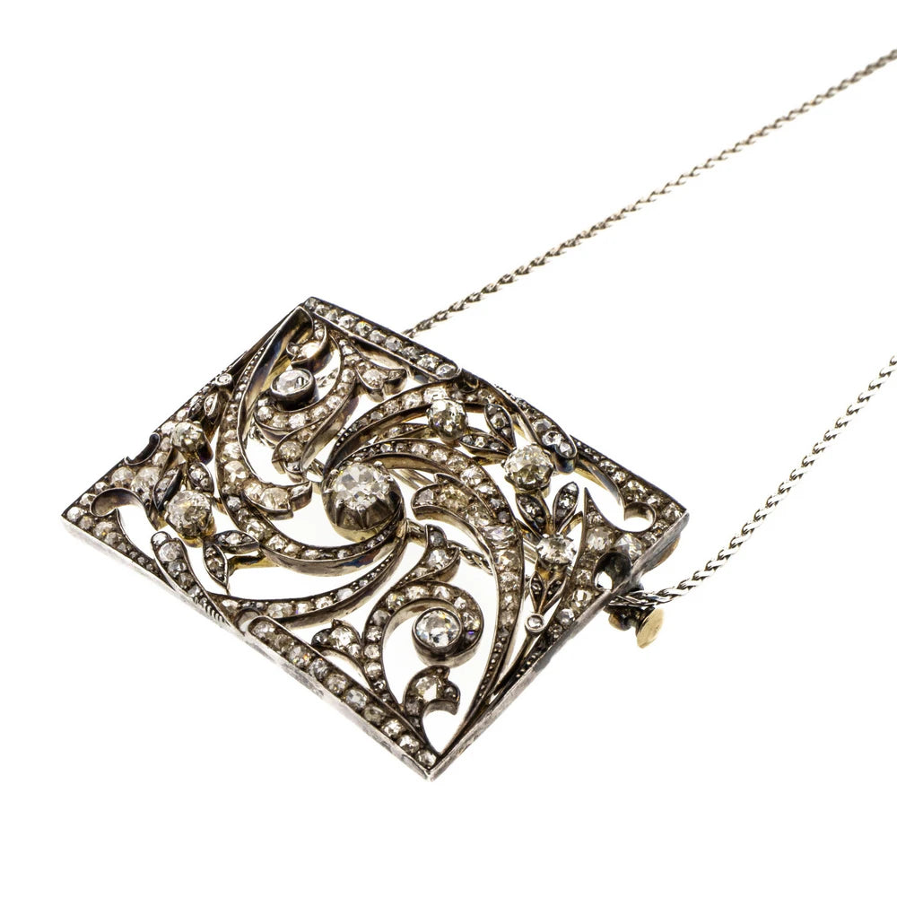 Georgian-Era Silver & 14K Yellow Gold Diamond and Pearl Brooch Necklace
