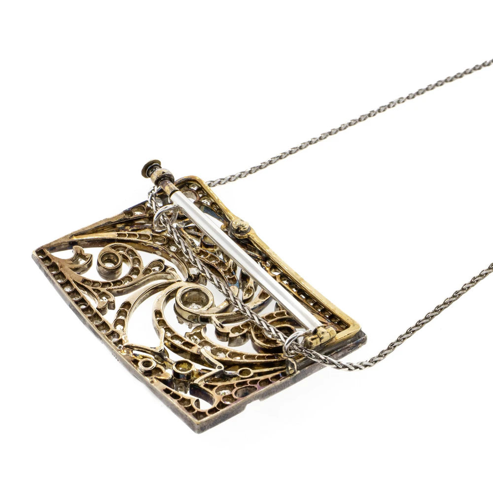 Georgian-Era Silver & 14K Yellow Gold Diamond and Pearl Brooch Necklace