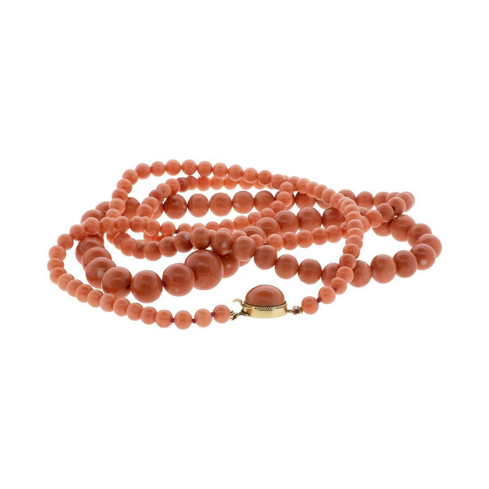 45" Graduated Natural Coral Bead Necklace With 14K Yellow Gold Clasp