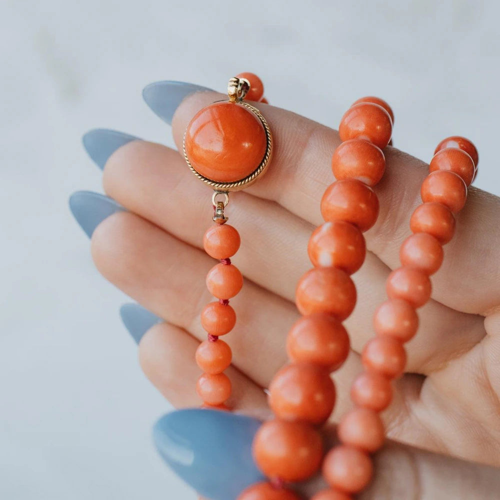 45" Graduated Natural Coral Bead Necklace With 14K Yellow Gold Clasp