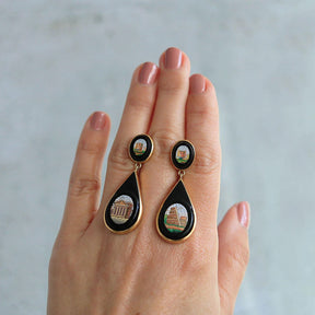 Italian Victorian Era Micro Mosaic Onyx Dangle Earrings