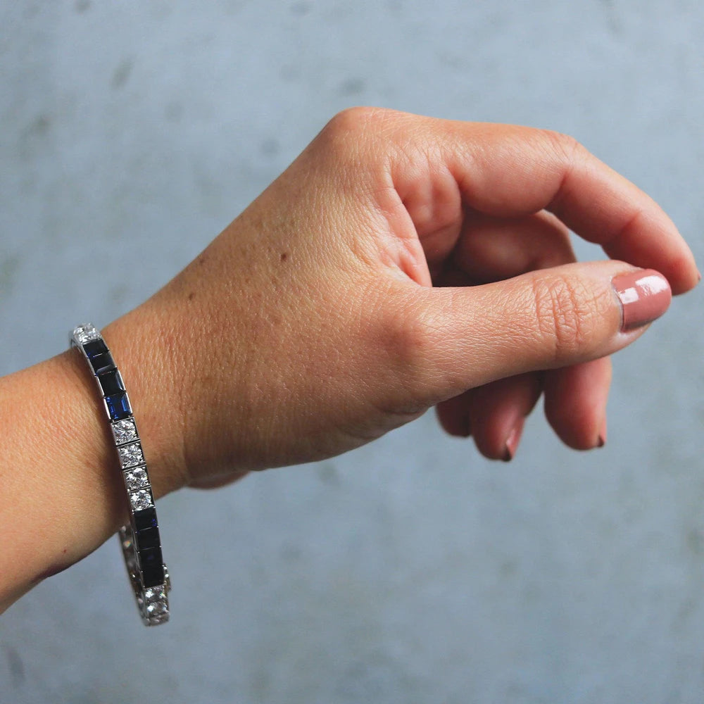 Mid-Century Blue Sapphire & Diamond Platinum Line Bracelet