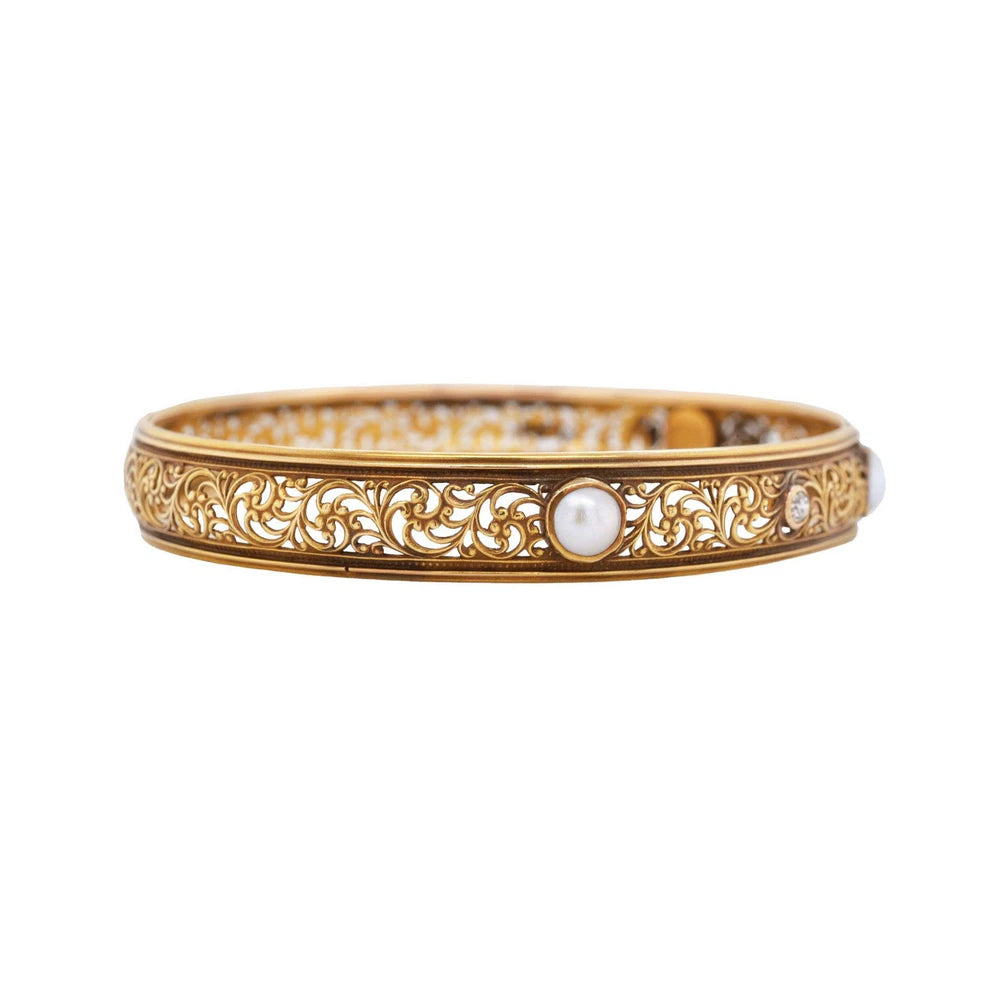 Old Mine Cut Diamond & Pearl Yellow Gold Bangle
