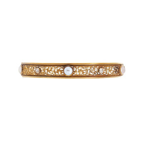 Old Mine Cut Diamond & Pearl Yellow Gold Bangle