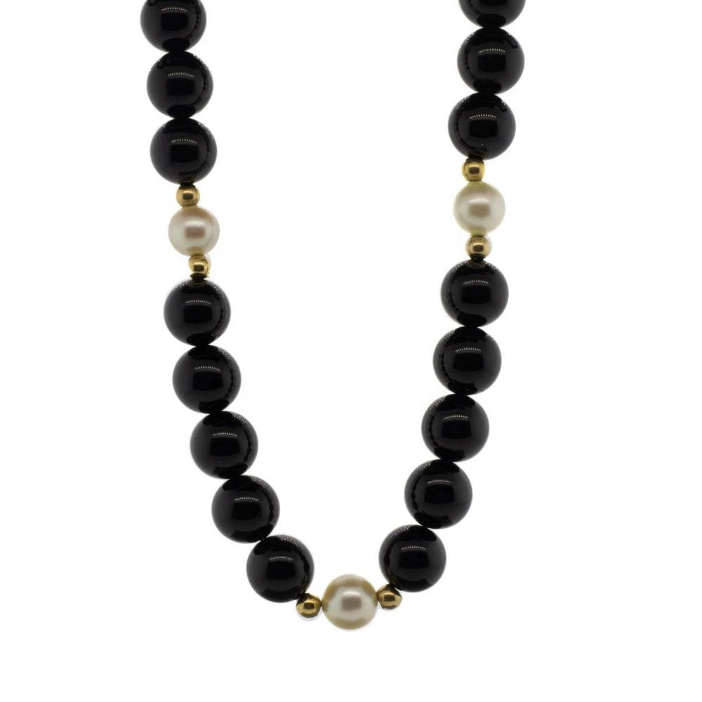 Onyx and Pearl Necklace with 14k Gold Accents - 20 Inch Length