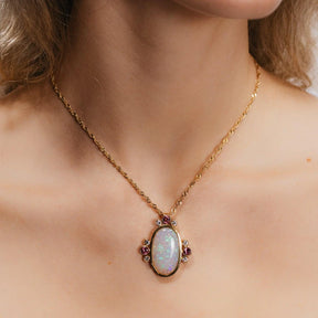 11.03ct Opal, Pink Tourmaline & Diamond Pendant 18K Yellow Gold Necklace