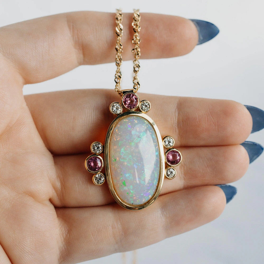 11.03ct Opal, Pink Tourmaline & Diamond Pendant 18K Yellow Gold Necklace