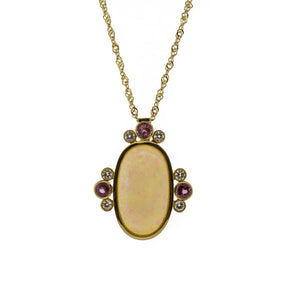 11.03ct Opal, Pink Tourmaline & Diamond Pendant 18K Yellow Gold Necklace