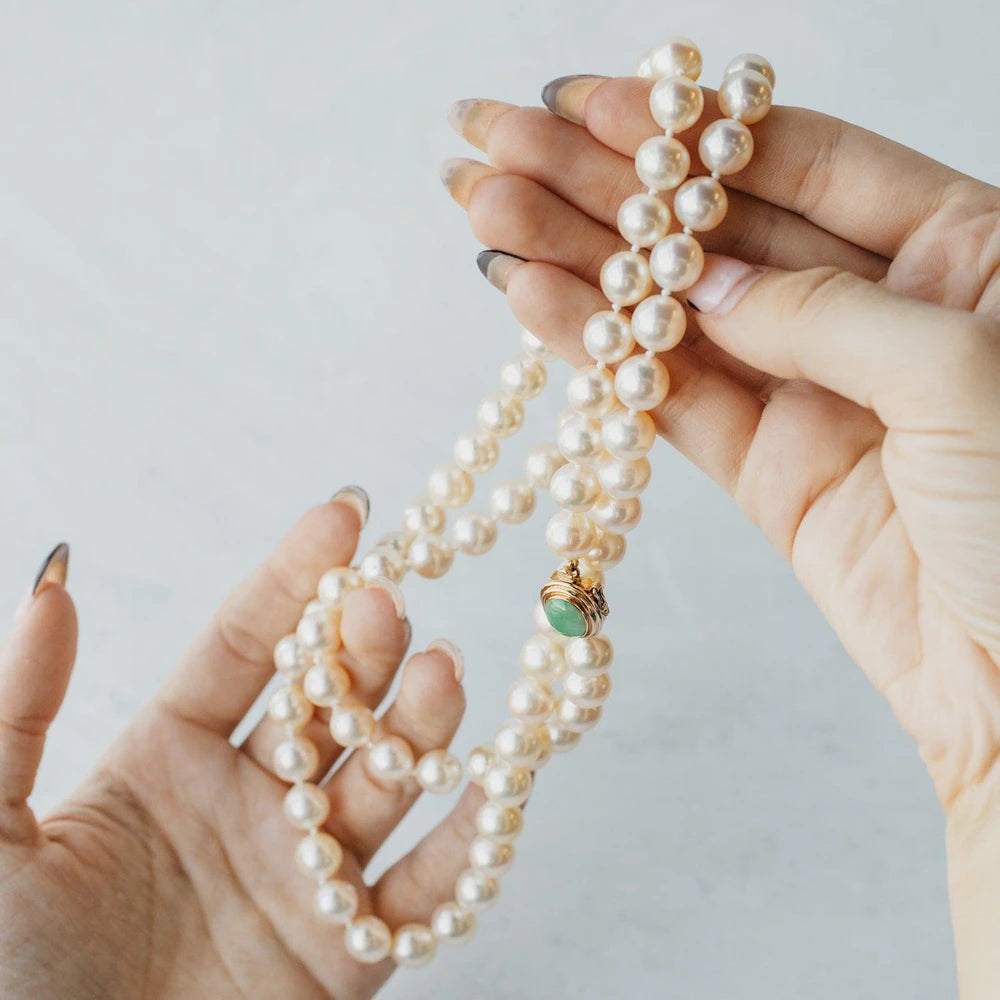 Opera Length Akoya Pearl Strand with 14K Yellow Gold Jadeite Clasp