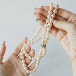 Opera Length Akoya Pearl Strand with 14K Yellow Gold Jadeite Clasp