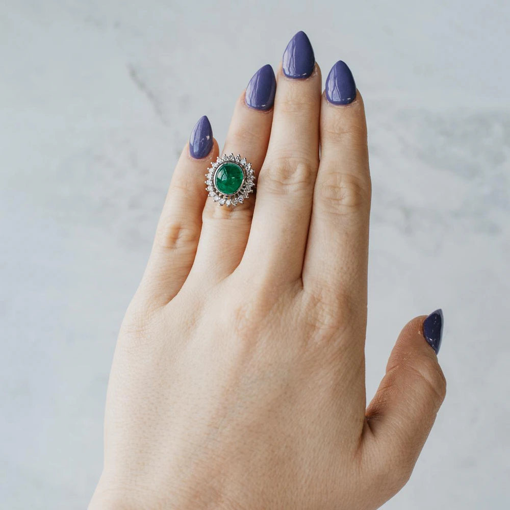 18K White Gold Oval Cabochon Colombian Emerald and Diamond Halo Ring